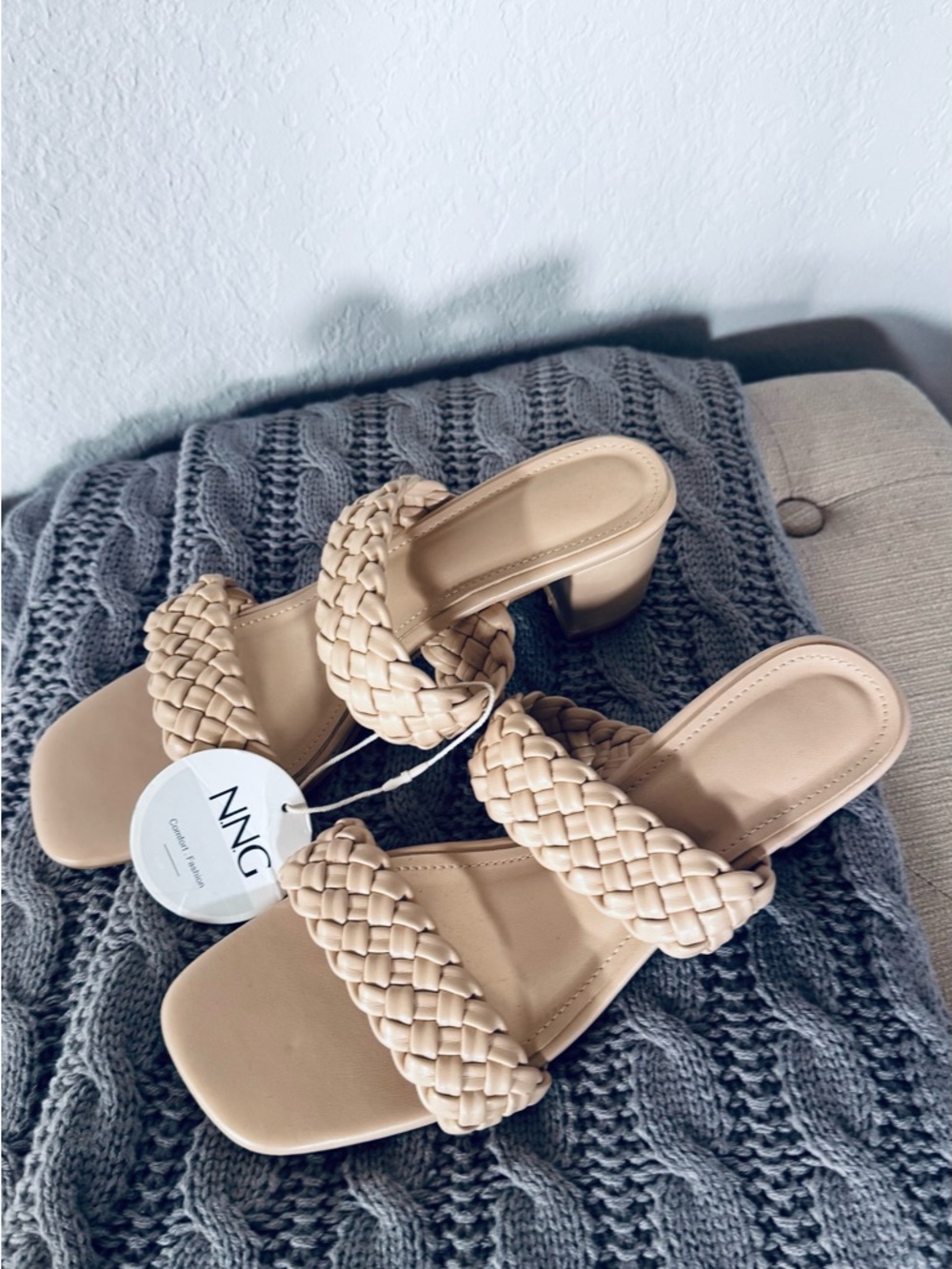 Braided Double-Strap Block Heel Mules in Nude